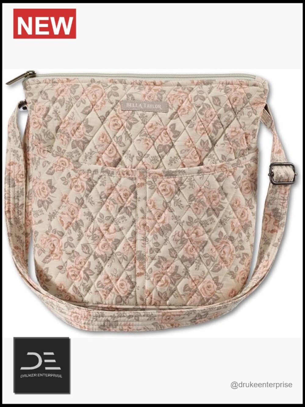 Quilted Cotton Crossbody Bag with Adjustable Strap - 6 Pockets, Machine Washable
